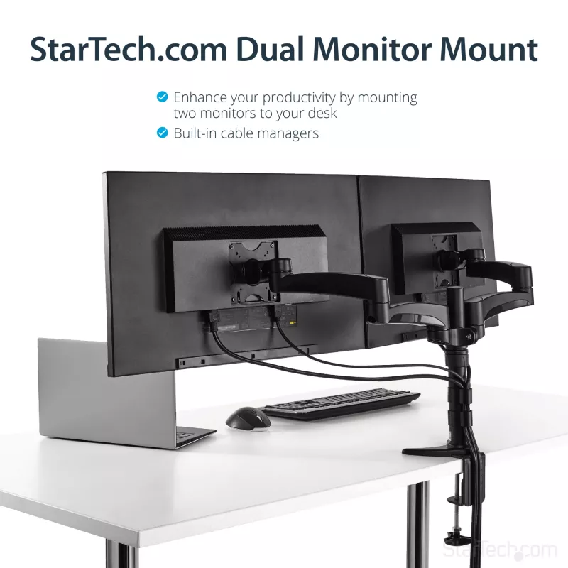 StarTech.com Dwuranowe ramię do monitorów mocowane do biurka - przegubowe, zacisk, 13,6 kg, 30,5 cm (12 cali), 61 cm (24 cale), 100 x 100 mm, czarny