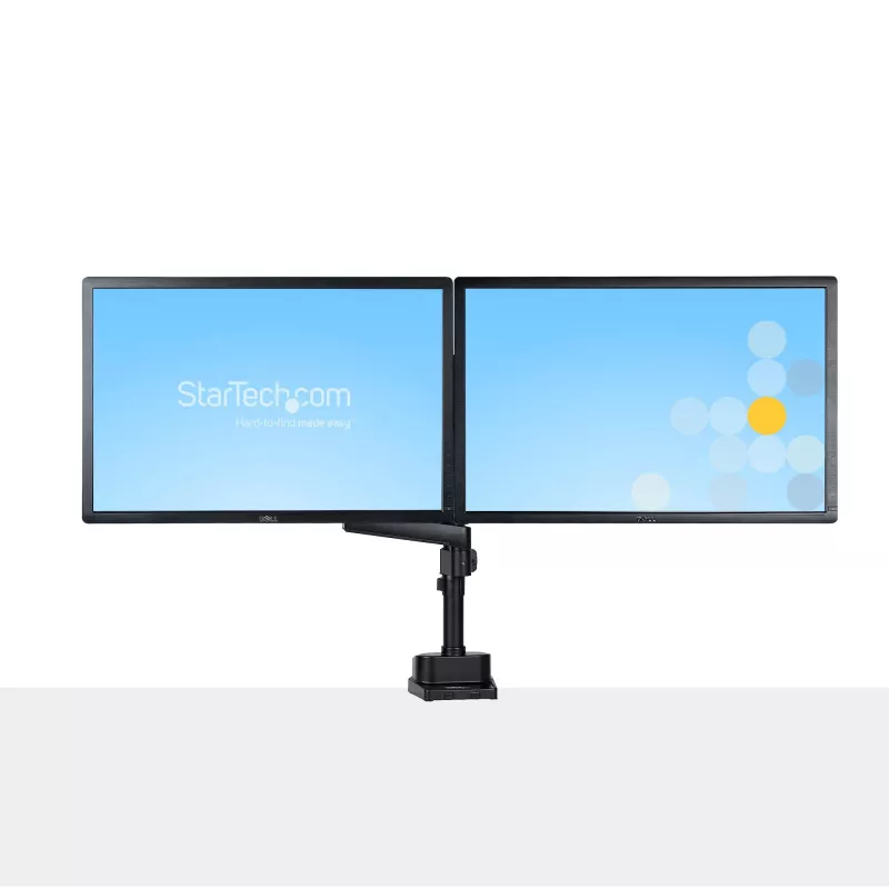 StarTech.com Podwójne ramię do monitora z mocowaniem do biurka, pełny ruch, uchwyt na 2 wyświetlacze VESA do 32 cali (17,6 funta/8 kg), regulacja wysokości, mocowanie zaciskowe/przelotowe, sprężyna mechaniczna