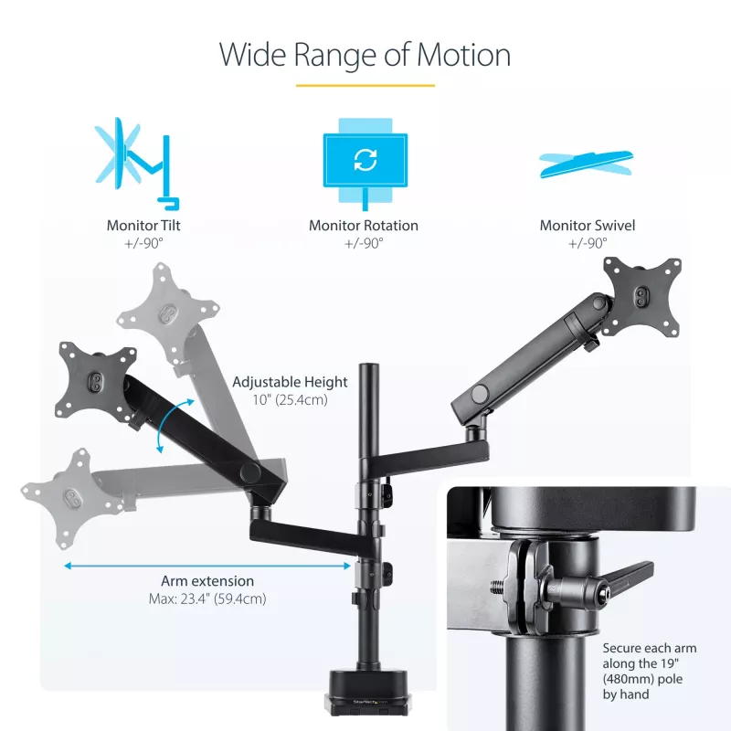 StarTech.com Podwójne ramię do monitora z mocowaniem do biurka, pełny ruch, uchwyt na 2 wyświetlacze VESA do 32 cali (17,6 funta/8 kg), regulacja wysokości, mocowanie zaciskowe/przelotowe, sprężyna mechaniczna
