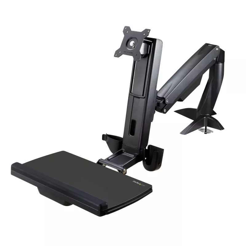 StarTech.com Ramię monitora do biurka z regulacją wysokości – Stacja robocza z regulacją wysokości do montażu na biurku dla jednego wyświetlacza 34 inch VESA – Ergonomiczny przegubowy konwerter biurka na stojąco z tacą na klawiaturę