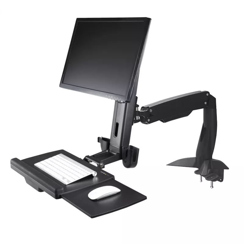 StarTech.com Ramię monitora do biurka z regulacją wysokości – Stacja robocza z regulacją wysokości do montażu na biurku dla jednego wyświetlacza 34 inch VESA – Ergonomiczny przegubowy konwerter biurka na stojąco z tacą na klawiaturę