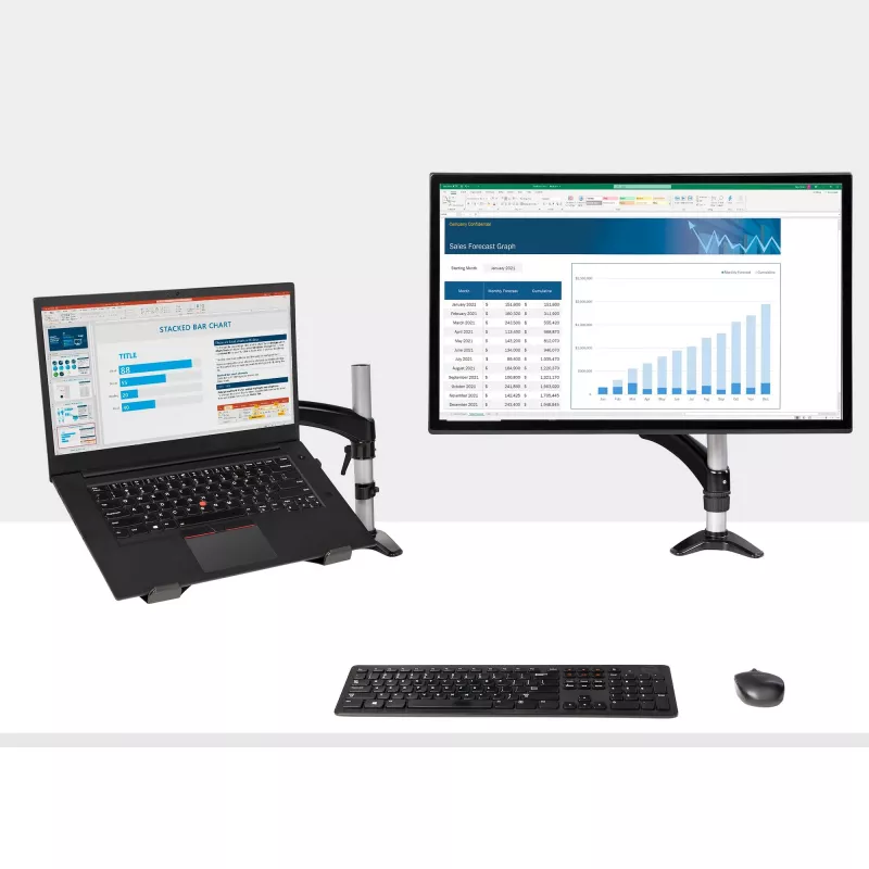 StarTech.com Ramię do laptopa z montażem do biurka – Pełny ruch, ramię przegubowe do laptopa lub pojedynczego monitora 34 cale – Uchwyt VESA z tacką na laptopa – Ergonomiczna regulowana podstawka pod notebook – Zacisk biurkowy