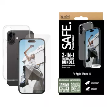 PanzerGlass SAFE. by ® 2-in-1 Protection Bundle iPhone 16, Apple, Apple - iPhone 16, Aplikacja na sucho, Odporny na zarysowania, Odporny na wstrząsy, Transparentny, 1 szt.