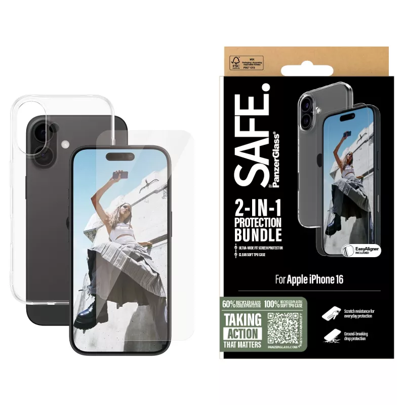 PanzerGlass SAFE. by ® 2-in-1 Protection Bundle iPhone 16, Apple, Apple - iPhone 16, Aplikacja na sucho, Odporny na zarysowania, Odporny na wstrząsy, Transparentny, 1 szt.
