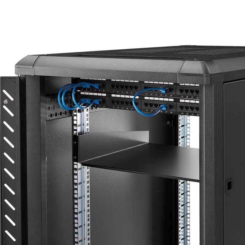 StarTech.com Półka serwerowa 2U do szafy rack - Uniwersalna półka wspornikowa do montażu w szafie rack 19 cali na sprzęt sieciowy i szafy - Wytrzymała stal – Udźwig 20 kg - 16 cali głębokości, czarna