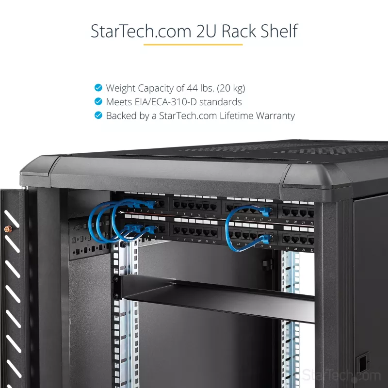 StarTech.com Półka serwerowa 2U do szafy rack - Uniwersalna półka wspornikowa do montażu w szafie rack 19 cali na sprzęt sieciowy i szafy - Wytrzymała stal – Udźwig 20 kg - 16 cali głębokości, czarna