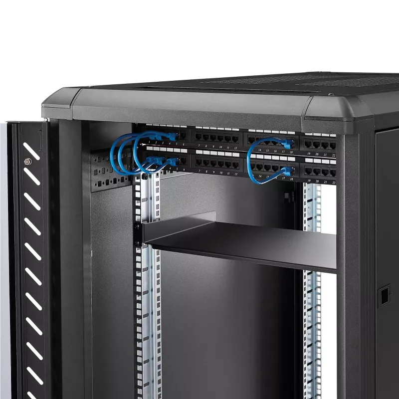StarTech.com 1U Stała Półka do Szafy Rack serwerowej - Głębokość 10 cali, Stal Uniwersalna Taca Wspornikowa do Szafy Rack 19 cali na sprzęt AV/sieciowy - Wytrzymała Stal - Udźwig 44 funty/20 kg, Czarna