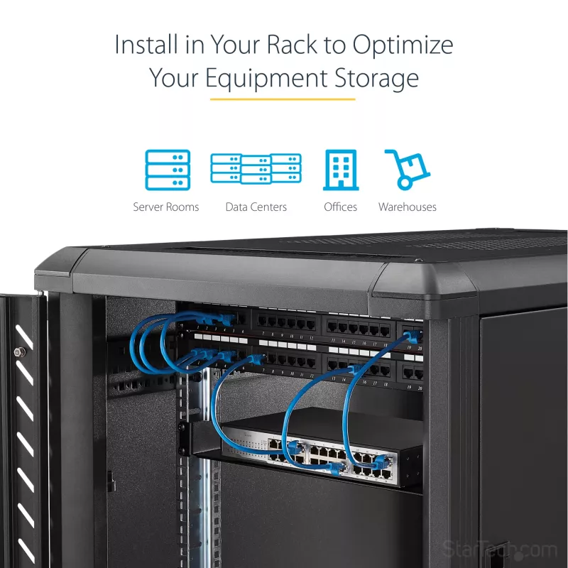 StarTech.com 1U Stała Półka do Szafy Rack serwerowej - Głębokość 10 cali, Stal Uniwersalna Taca Wspornikowa do Szafy Rack 19 cali na sprzęt AV/sieciowy - Wytrzymała Stal - Udźwig 44 funty/20 kg, Czarna