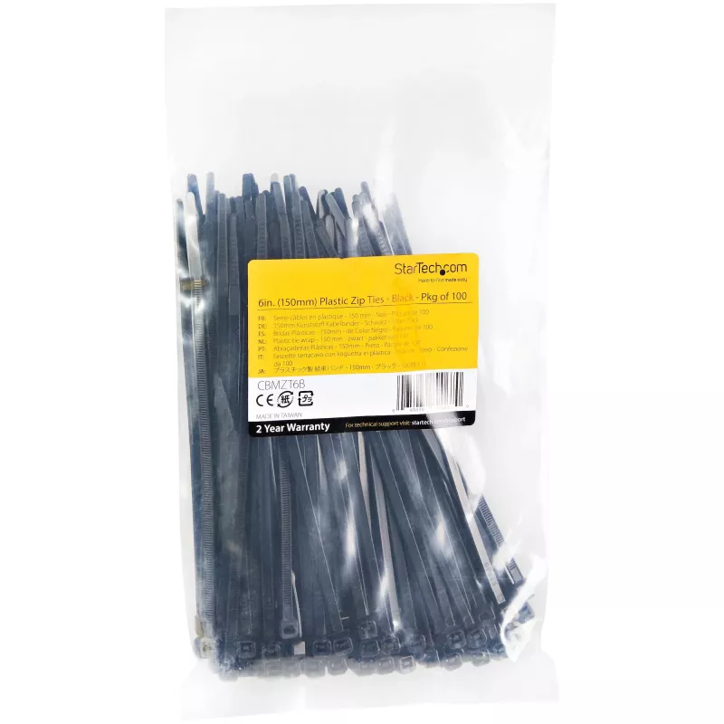 StarTech.com 100-Pack 6 inch(15cm) kabel Ties - 1/8 inch(3.6mm) wide, 1-3/8 inch(39mm) Bundle Diameter, 40lb(18kg) Tensile Strength, Nylon Self Locking Zip Ties with Curved Tip, UL Listed, Czarny - TAA