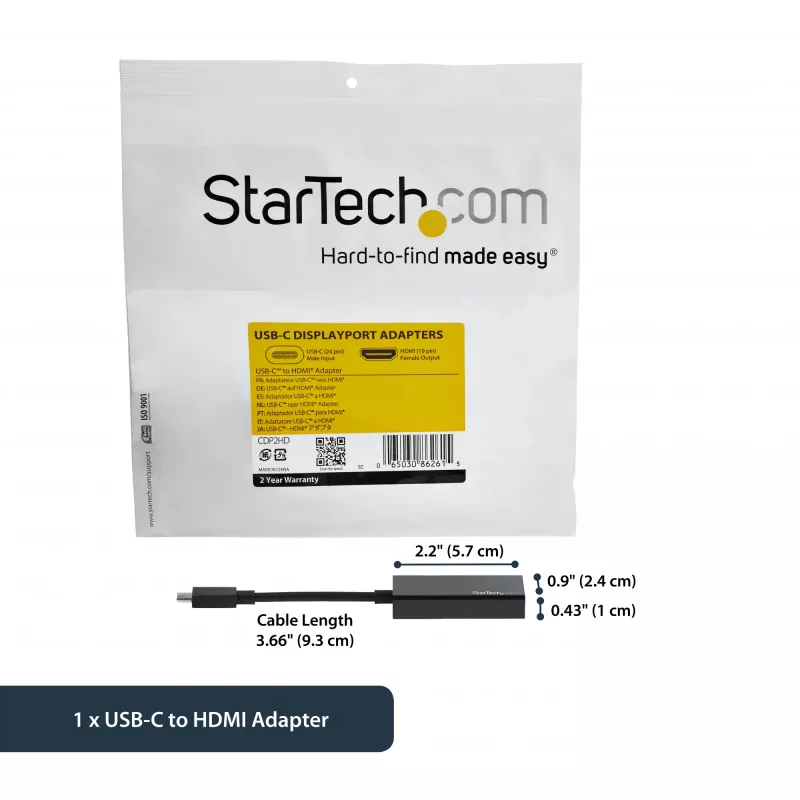 StarTech.com Adapter USB-C na HDMI z 4K 30 Hz - czarny, USB 3.2 Gen 2 (3.1 Gen 2), USB typu C, wyjście HDMI, 3840 x 2160 pikseli