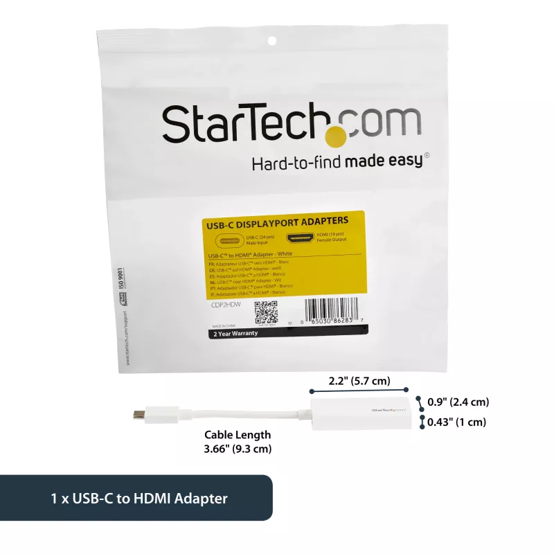 StarTech.com Adapter USB-C na HDMI 4K 30Hz - Biały, USB Typ-C, Wyjście HDMI, 3840 x 2160 pikseli
