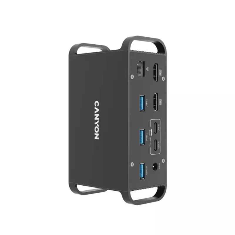 Stacja dokująca CANYON CNS-HDS95ST — USB-C (USB 3.2 Gen 2) stacja dokująca z 2× HDMI, 2× USB 3.2 Gen1, 2× USB 2.0, Gigabit Ethernet, 100W, aluminium, czarna
