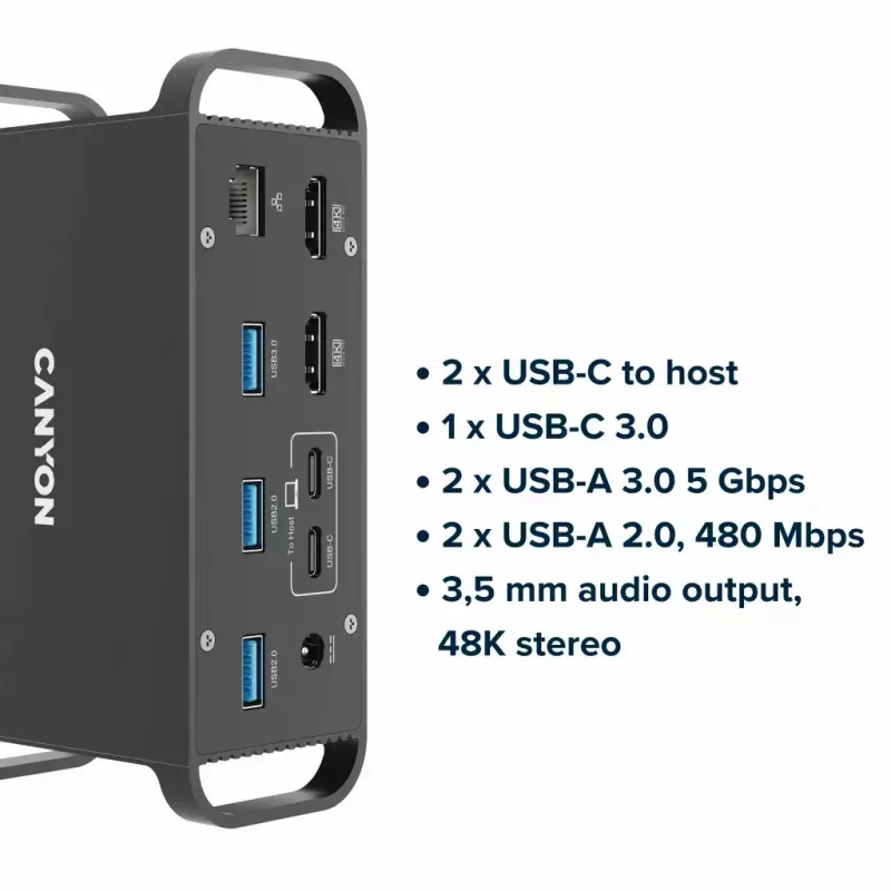 Stacja dokująca CANYON CNS-HDS95ST — USB-C (USB 3.2 Gen 2) stacja dokująca z 2× HDMI, 2× USB 3.2 Gen1, 2× USB 2.0, Gigabit Ethernet, 100W, aluminium, czarna