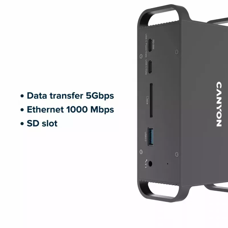 Stacja dokująca CANYON CNS-HDS95ST — USB-C (USB 3.2 Gen 2) stacja dokująca z 2× HDMI, 2× USB 3.2 Gen1, 2× USB 2.0, Gigabit Ethernet, 100W, aluminium, czarna