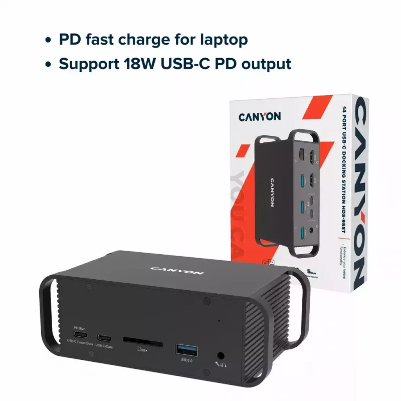 Stacja dokująca CANYON CNS-HDS95ST — USB-C (USB 3.2 Gen 2) stacja dokująca z 2× HDMI, 2× USB 3.2 Gen1, 2× USB 2.0, Gigabit Ethernet, 100W, aluminium, czarna