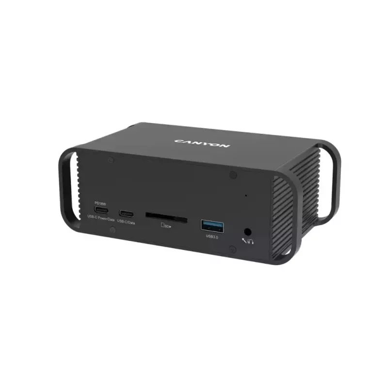 Stacja dokująca CANYON CNS-HDS95ST — USB-C (USB 3.2 Gen 2) stacja dokująca z 2× HDMI, 2× USB 3.2 Gen1, 2× USB 2.0, Gigabit Ethernet, 100W, aluminium, czarna