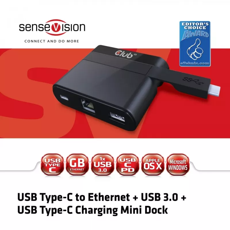 CLUB3D USB Type-C na Ethernet + USB 3.0 + ładowanie USB Type-C Mini stacja dokująca