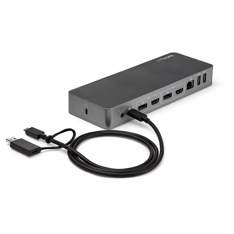 StarTech.com Uniwersalna stacja dokująca do laptopa, hybrydowa USB-C i USB-A, podwójny 4K DP i HDMI, 60W PD, Mac / Windows / Chrome OS, 4-portowy hub USB 5Gbps, GbE