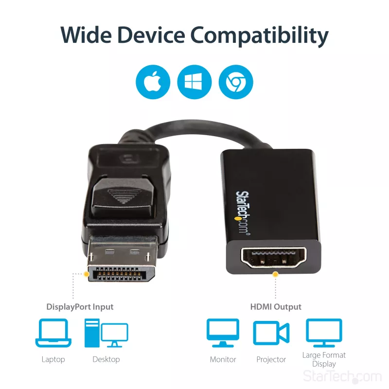 StarTech.com Adapter DisplayPort na HDMI - Aktywny konwerter wideo DP 1.4 na HDMI 2.0 4K 60 Hz - Przejściówka kabel DisplayPort na HDMI do monitora/telewizora/wyświetlacza - Zatrzaskowe złącze DP