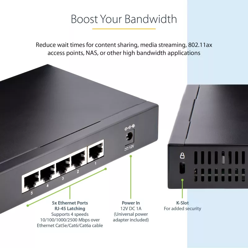 StarTech.com Niezarządzalny przełącznik 2,5G - 5-portowy przełącznik Gigabit - Niezarządzalny przełącznik Ethernet 2.5GBASE-T - Rozdzielacz Ethernet - Montaż na szynie DIN lub na ścianie - Multi-Gigabit - Auto-MDIX - Ramki Jumbo 9K