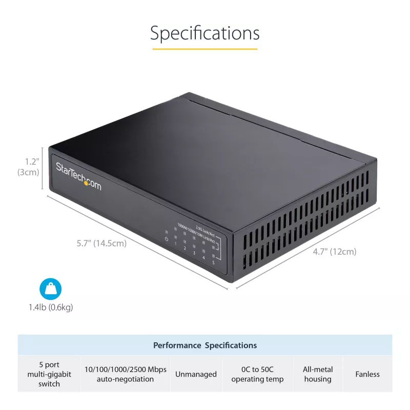 StarTech.com Niezarządzalny przełącznik 2,5G - 5-portowy przełącznik Gigabit - Niezarządzalny przełącznik Ethernet 2.5GBASE-T - Rozdzielacz Ethernet - Montaż na szynie DIN lub na ścianie - Multi-Gigabit - Auto-MDIX - Ramki Jumbo 9K