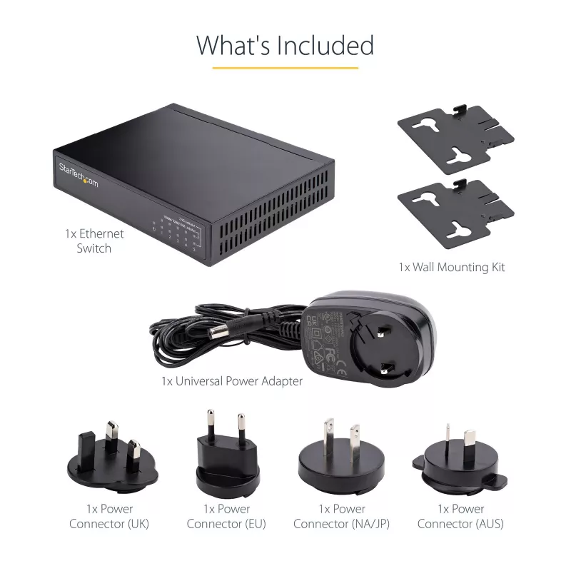 StarTech.com Niezarządzalny przełącznik 2,5G - 5-portowy przełącznik Gigabit - Niezarządzalny przełącznik Ethernet 2.5GBASE-T - Rozdzielacz Ethernet - Montaż na szynie DIN lub na ścianie - Multi-Gigabit - Auto-MDIX - Ramki Jumbo 9K