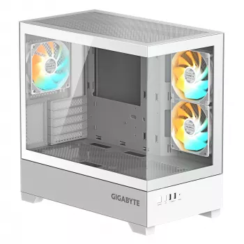 Obudowa PC GIGABYTE C201 PANORAMIC ICE - Mid Tower, m-ATX, wsparcie dla chłodnicy 360 mm, 3 fabrycznie zamontowane wentylatory, USB 3.0, obsługa RGB Fusion
