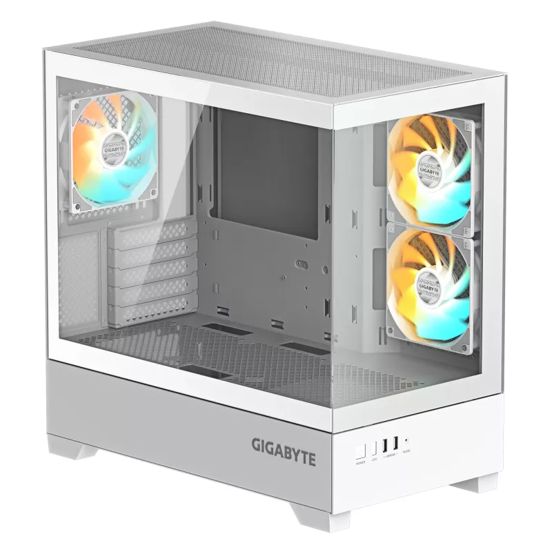 Obudowa PC GIGABYTE C201 PANORAMIC ICE - Mid Tower, m-ATX, wsparcie dla chłodnicy 360 mm, 3 fabrycznie zamontowane wentylatory, USB 3.0, obsługa RGB Fusion