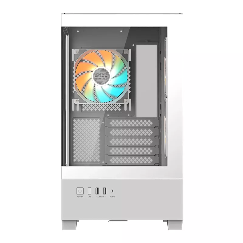 Obudowa PC GIGABYTE C201 PANORAMIC ICE - Mid Tower, m-ATX, wsparcie dla chłodnicy 360 mm, 3 fabrycznie zamontowane wentylatory, USB 3.0, obsługa RGB Fusion