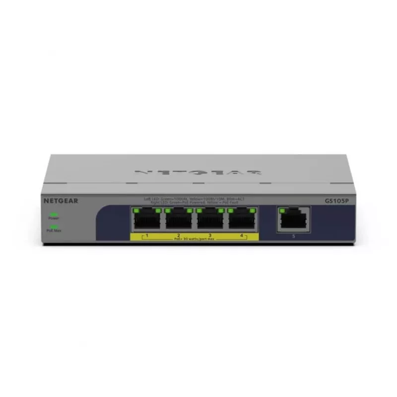 Niezarządzalny 5-portowy przełącznik PoE Netgear GS105P 1Gb Ethernet z Power over Ethernet (GS105P-300EUS)
