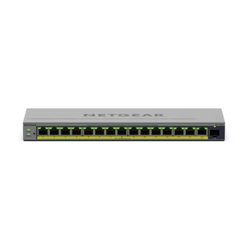 Przełącznik sieciowy zarządzalny L2/L3 Gigabit Ethernet PoE Netgear GS116EPP — 16x RJ‑45 10/100/1000, 1x SFP, 8000 wpisów MAC, Szary