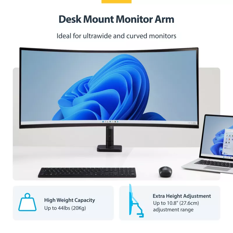 StarTech.com Uchwyt Biurkowy do Monitora do 49-calowych Zakrzywionych Ekranów Ultrawide 32:9, Ramię Sprężynowe Mechaniczne, Zacisk C/Przepust, Regulacja Beznarzędziowa, Maks. 44 funty/20 kg