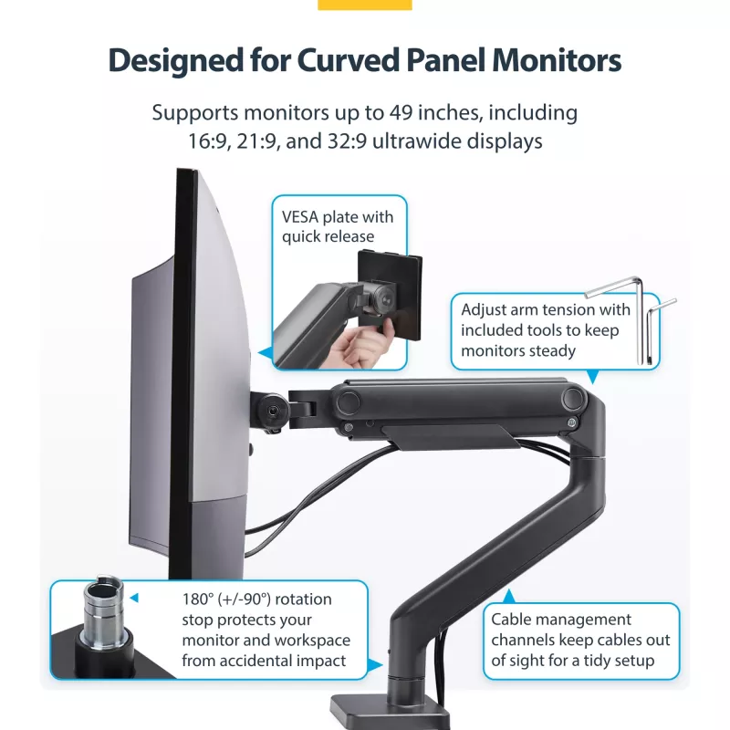 StarTech.com Uchwyt Biurkowy do Monitora do 49-calowych Zakrzywionych Ekranów Ultrawide 32:9, Ramię Sprężynowe Mechaniczne, Zacisk C/Przepust, Regulacja Beznarzędziowa, Maks. 44 funty/20 kg