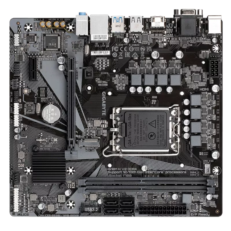 Płyta główna GIGABYTE H610M H V2 DDR4 - obsługuje procesory Intel Core 14. generacji, 6+1+1 hybrydowy cyfrowy VRM, do 3200MHz DDR4 (OC), 1xPCIe 3.0 M.2, GbE LAN, USB 3.2 Gen 1