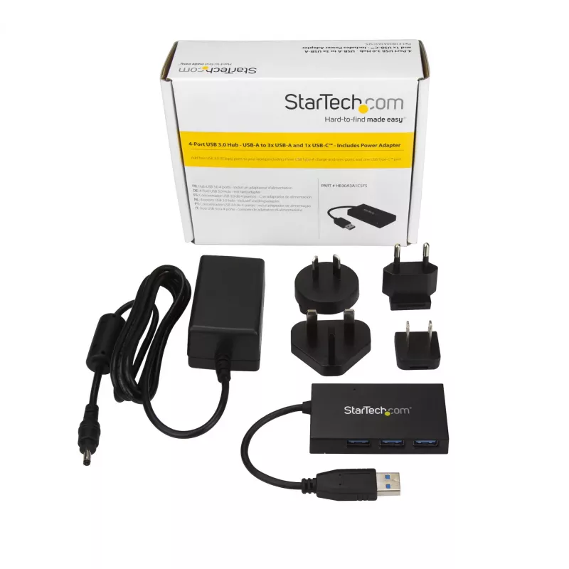 StarTech.com 4 Port USB 3.0 Hub - USB Type-A Hub z 1x USB-C i 3x USB-A (SuperSpeed 5 Gb/s) - zasilany z magistrali USB lub samodzielnie - Przenośny hub USB 3.1/3.2 Gen 1 BC 1.2 do ładowania z zasilaczem~4 Port USB 3.0 Hub - USB Type-A Hub z 1x USB-C i 3x USB-A (SuperSpeed 5 Gb/s) - zasilany z magistrali USB lub samodzielnie - Przenośny hub USB 3.2 Gen 1 BC 1.2 do ładowania z zasilaczem