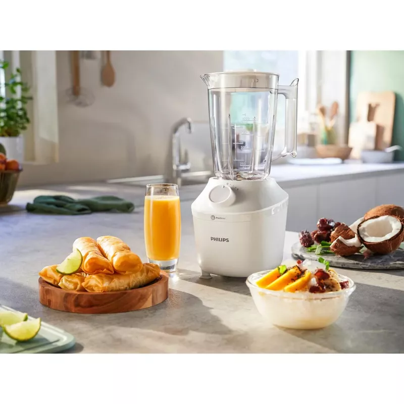 Blender stołowy Philips HR2041/00 — 450 W, plastikowy dzbanek 1,9 L, ostrza ze stali nierdzewnej, biały