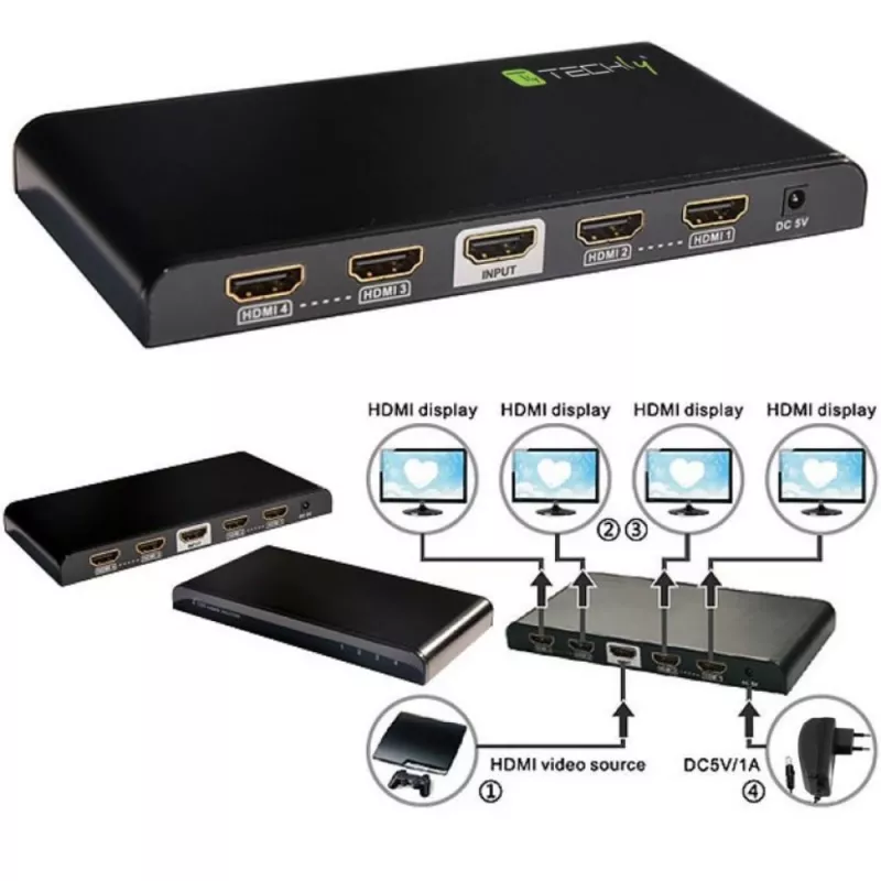 Techly Rozdzielacz HDMI 2.0 4K UHD 3D 4-drożny, HDMI, 4x HDMI, 3840 x 2160 pikseli, Czarny, 4K Ultra HD, 30 m