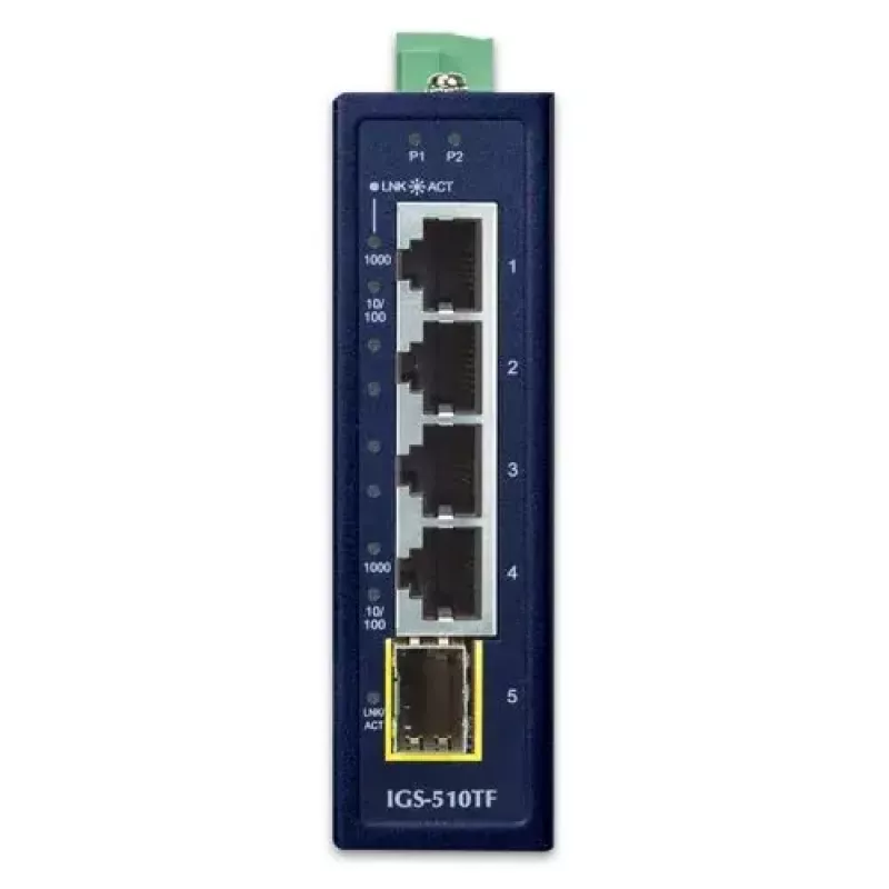Niezarządzalny przełącznik Gigabit Ethernet PLANET IGS-510TF — 4 x 10/100/1000 Mbps, 10 Gbit/s przełączanie, 9–48 V DC, montaż na ścianie