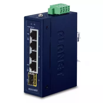 Niezarządzalny przełącznik Gigabit Ethernet PLANET IGS-510TF — 4 x 10/100/1000 Mbps, 10 Gbit/s przełączanie, 9–48 V DC, montaż na ścianie