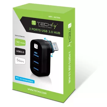 Techly IUSB3-HUB3-ROTB koncentrator interfejsu USB 3.2 Gen 1 (3.1 Gen 1) Type-A 5000 Mbit/s Czarny