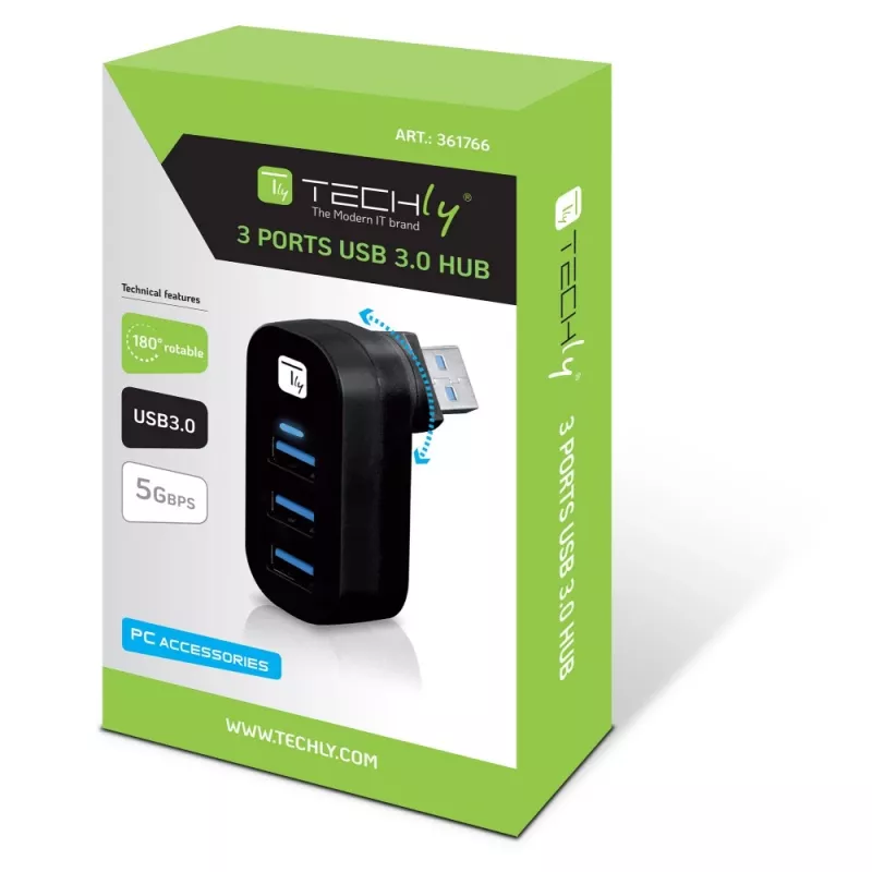 Techly IUSB3-HUB3-ROTB koncentrator interfejsu USB 3.2 Gen 1 (3.1 Gen 1) Type-A 5000 Mbit/s Czarny