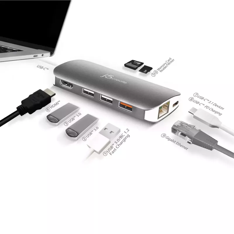 j5create JCD383 USB-C™ 9-w-1 Adapter Multifunkcyjny, Srebrny i Biały