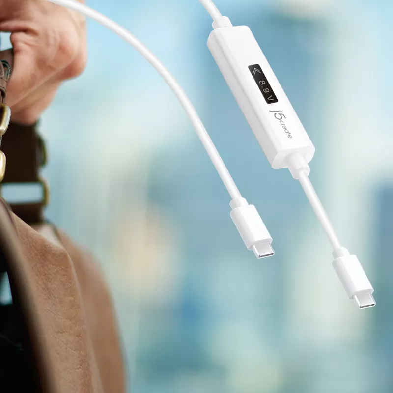 Kabel j5create JUCP14 USB-C™ 2.0 na USB-C™ z dynamicznym miernikiem mocy OLED, biały, 1,2 m