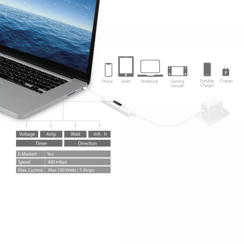 Kabel j5create JUCP14 USB-C™ 2.0 na USB-C™ z dynamicznym miernikiem mocy OLED, biały, 1,2 m