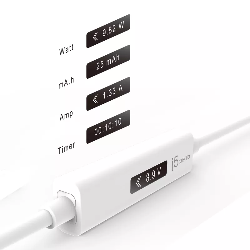 Kabel j5create JUCP14 USB-C™ 2.0 na USB-C™ z dynamicznym miernikiem mocy OLED, biały, 1,2 m