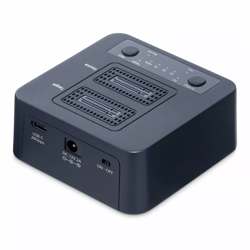 StarTech.com 1:1 M.2 NV Drive Duplicator, samodzielny kloner/kopiarka M.2 SSD do 90 GB/min, stacja dokująca z dwoma wnękami M.2 USB 3.2 20 Gb/s, w zestawie kable USB-C/A