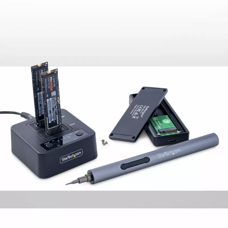 StarTech.com 1:1 M.2 NV Drive Duplicator, samodzielny kloner/kopiarka M.2 SSD do 90 GB/min, stacja dokująca z dwoma wnękami M.2 USB 3.2 20 Gb/s, w zestawie kable USB-C/A