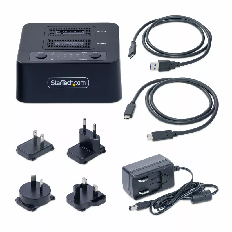 StarTech.com 1:1 M.2 NV Drive Duplicator, samodzielny kloner/kopiarka M.2 SSD do 90 GB/min, stacja dokująca z dwoma wnękami M.2 USB 3.2 20 Gb/s, w zestawie kable USB-C/A