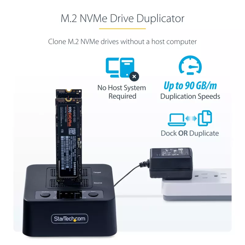 StarTech.com 1:1 M.2 NV Drive Duplicator, samodzielny kloner/kopiarka M.2 SSD do 90 GB/min, stacja dokująca z dwoma wnękami M.2 USB 3.2 20 Gb/s, w zestawie kable USB-C/A