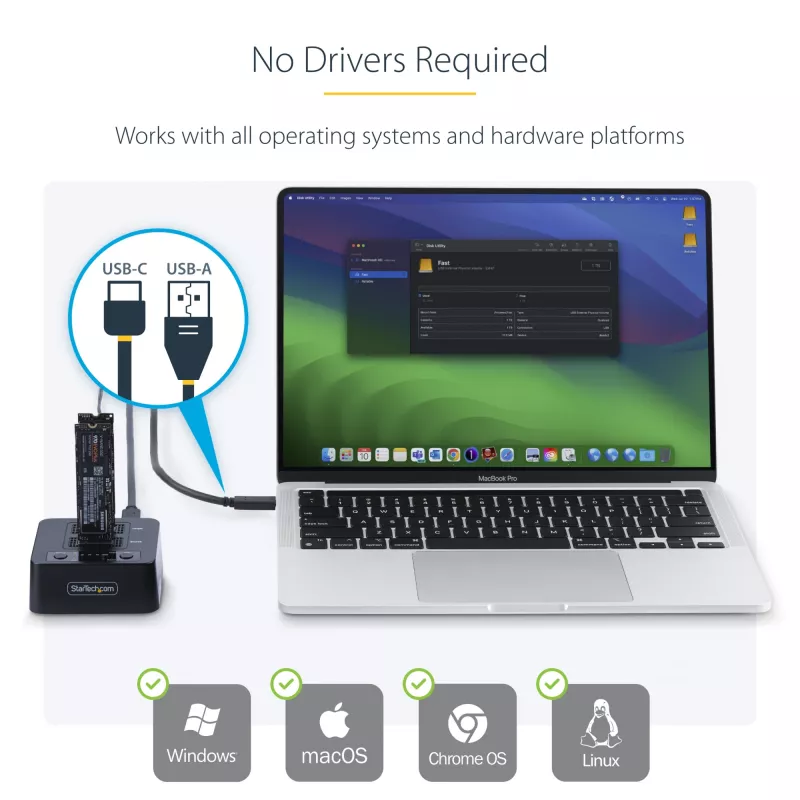 StarTech.com 1:1 M.2 NV Drive Duplicator, samodzielny kloner/kopiarka M.2 SSD do 90 GB/min, stacja dokująca z dwoma wnękami M.2 USB 3.2 20 Gb/s, w zestawie kable USB-C/A
